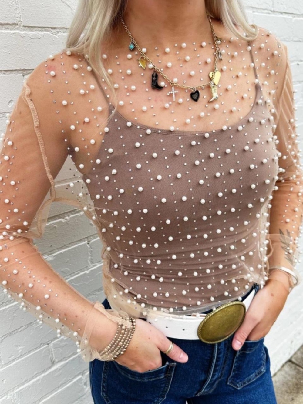 Haute Monde Brown Sheer Pearl-Appliqué Long Sleeve top